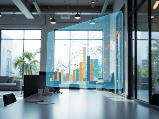 Domain value proposition concept showing technology and business elements, modern office setting with digital devices and abstract geometric shapes